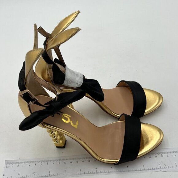 FSJ Gold Leaf Gold Metal Chain Chunky High Heels Ankle Strap Open Toe Sandals - Picture 4 of 8